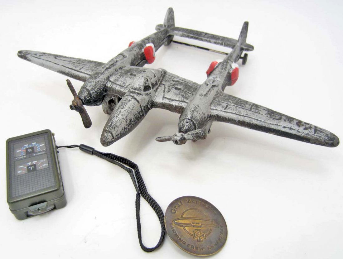 LOT OF MISC. CAST IRON PLANE, ZEPPELIN BADGE & COMPASS: Black Savage Multi-function compass kit, Graf Zeppelin brass badge collectible, Cast iron vintage style airplane toy - 13"