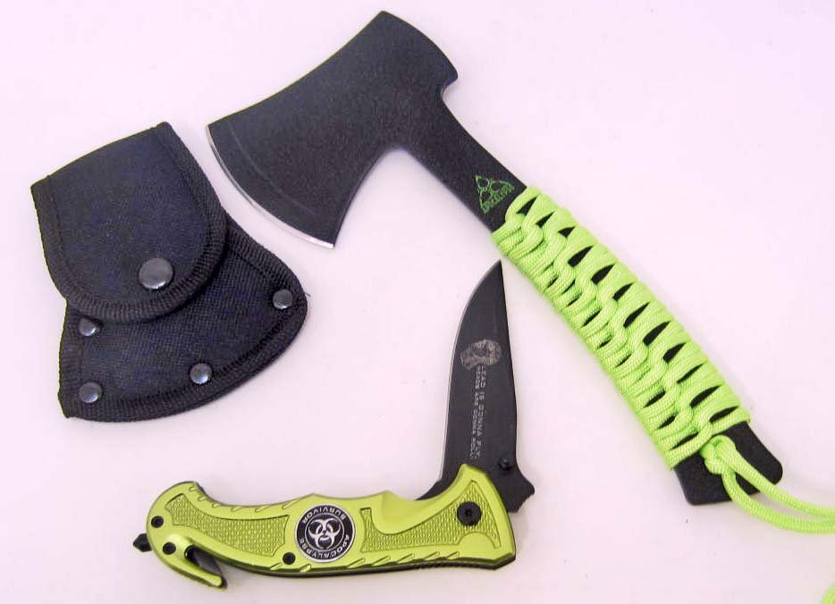 LOT OF 2 ZOMBIE APOCALYPSE SURVIVAL - KNIFE AND HATCHET: Ridge Runner apocalypse survivor assisted-open rescue folder knife. Zombie apocalypse hatchet with sheath - handle wrapped bright green 300 lb paracord. Includes nylon belt sheath. 8.5" overall.