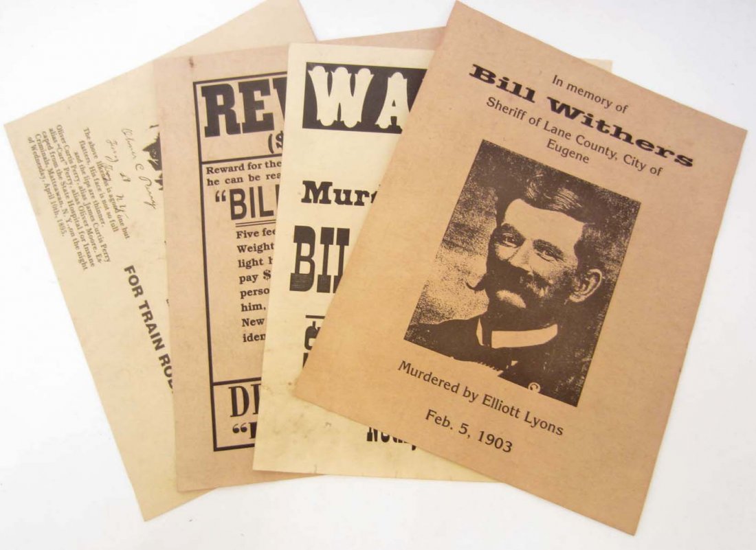LOT OF 4 WESTERN WANTED POSTERS- BILLY THE KID, LONGLEY: Oliver Curtis Perry wanted poster, Billy the Kid wanted dead or alive poster, Bill Longley wanted poster, In memory of Bill Withers