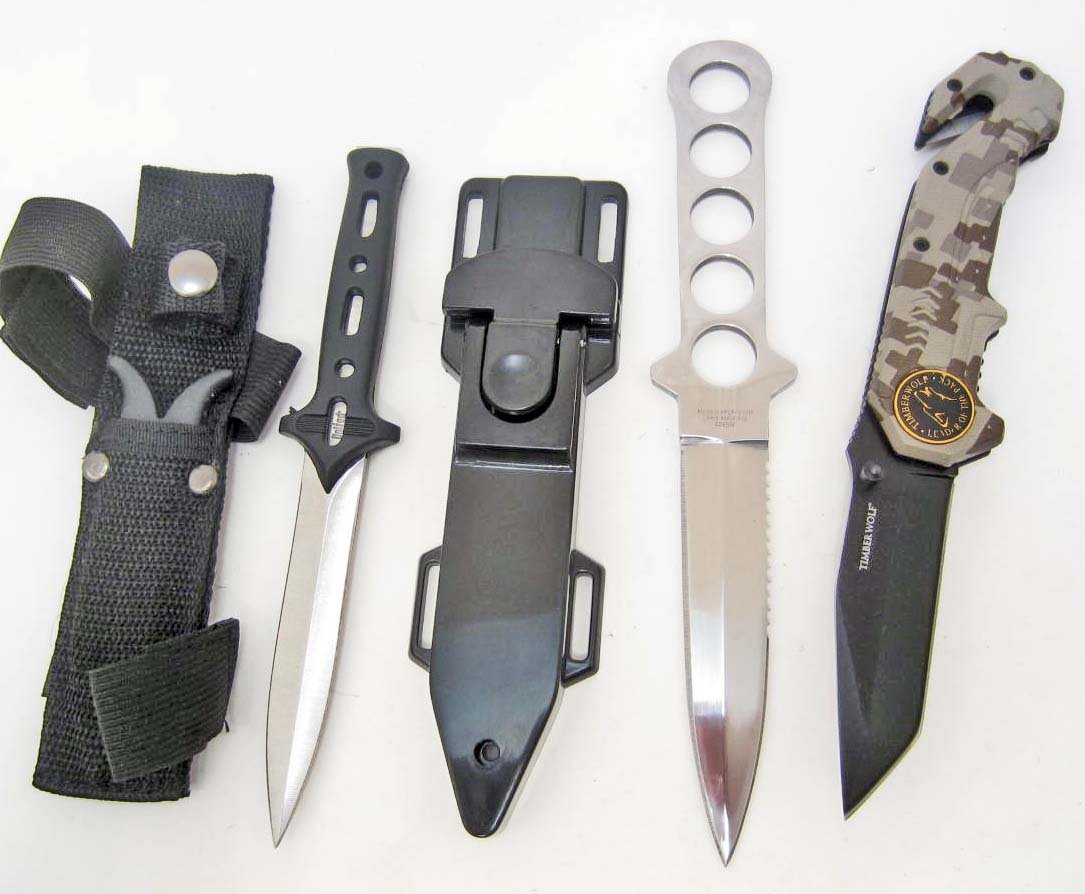 LOT OF MISC. KNIVES - DIVE KNIFE, STINGER, CAMO FOLDING: Timber Wolf Assist rescue camo folding knife, United Cutlery special agent stinger knife with sheath that has straps. blade - 3 3/8" overall - 7.25", New Tiger shark diving knife with leg strap & shea