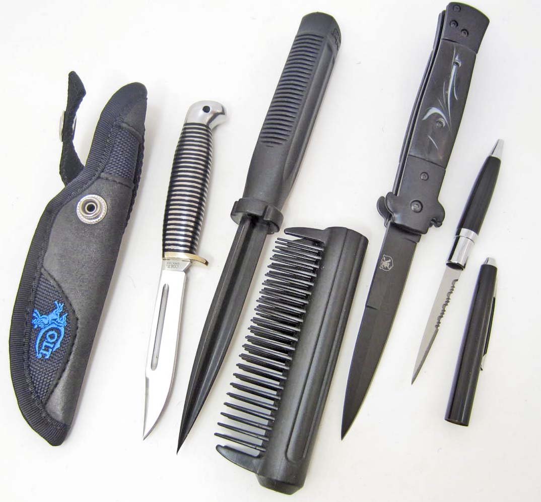 LOT OF 4 MISC. SLEEK BLACK SELECTION OF KNIVES: Colt black beauty yearling fixed blade knife with sheath, United Cutlery brush defense knife New Gangster style stiletto knife with black pearl handle (this item cannot ship to NY) 3 3/4" blade - 8 3/