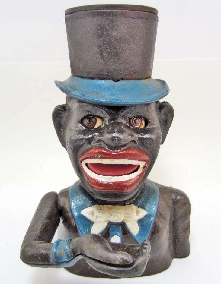 CAST IRON BLACK AMERICANA JOLLY BOY MECHANICAL BANK: Approx. 8" tall