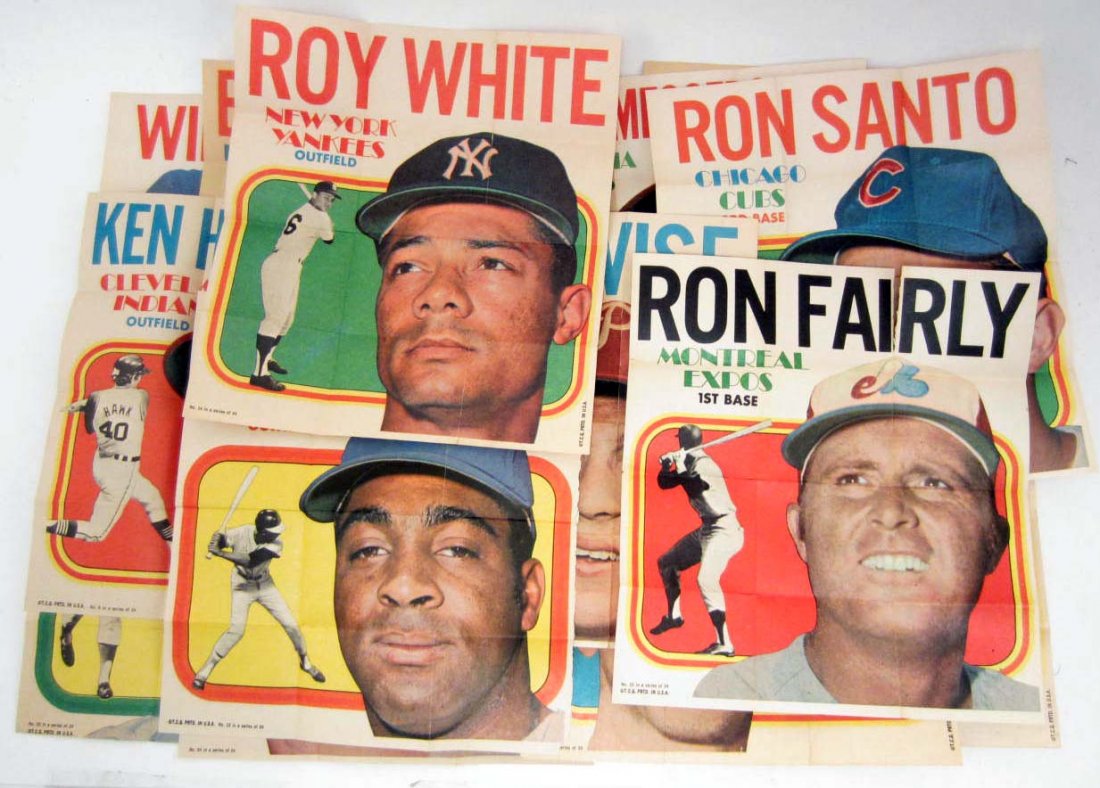 LOT OF 22 1970 TOPPS BASEBALL CARD POSTERS: Incl. Roberto Clemente, Lou Brock, Willie McCovey, Frank Robinson, Rod Carew, More!