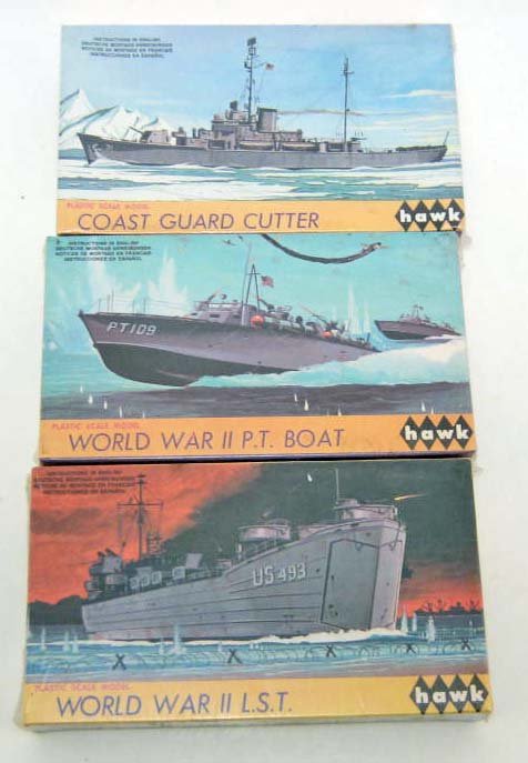 LOT OF 3 VINTAGE HAWK SHIP MODEL KITS: WW2 L.S.T. Model #11, WW2 P.T. Boat Model #9, Coast Guard Cutter Model #12