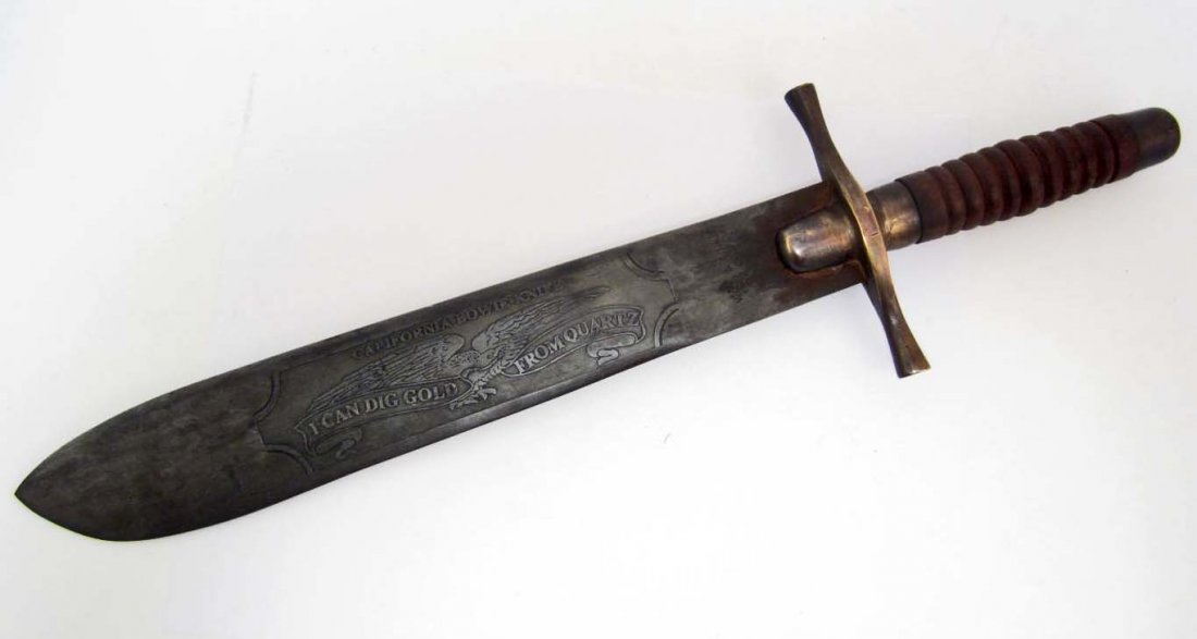 LARGE CALIFORNIA BOWIE KNIFE: Approx. 17.75" long overall. Blade is marked Will & Fink SF Cal. California Bowie Knife I Can Dig Gold From quartz. Very nice etched blade. This is not an old item.