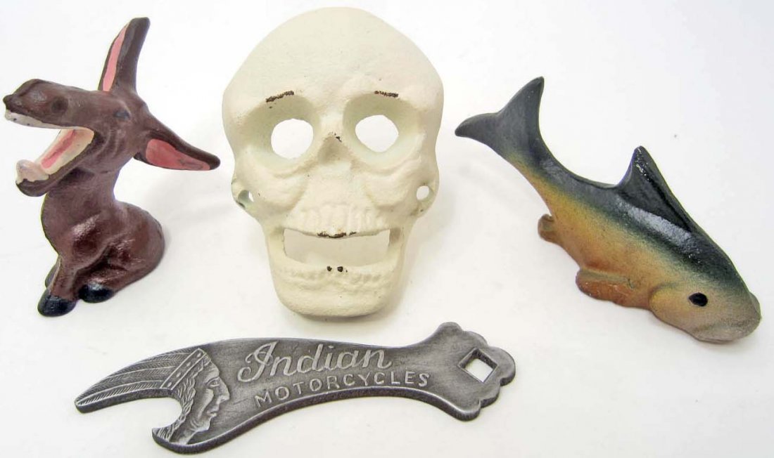 LOT OF MISC. BOTTLE OPENERS - CAST IRON AND METAL: Indian Motorcycles vinage style bottle opener, Cast Iron skull wall mount bottle opener, Cast Iron hand painted donkey bottle opener, Cast Iron figural fish modern hand held bottle opener