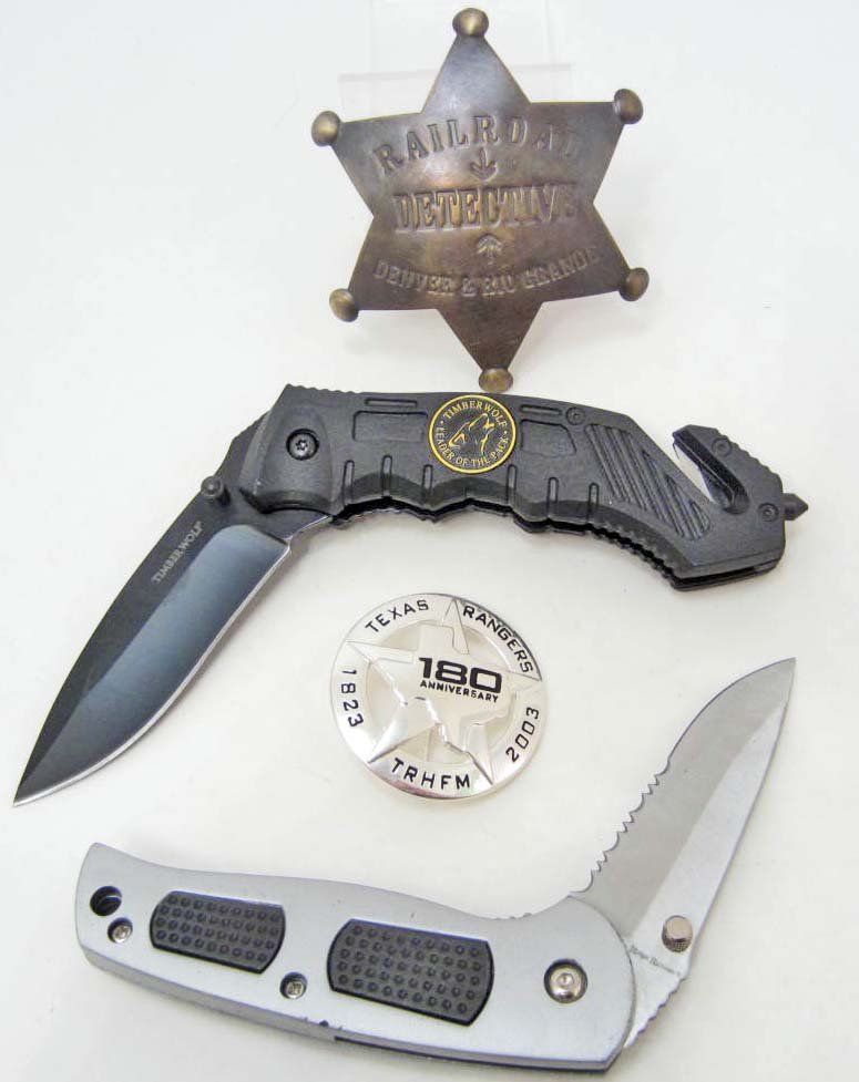 LOT OF MISC. KNIVES AND WESTERN BADGES: Texas Rangers 180th Anniversary Law Badge pinback, Railroad detective Denver & Rio Grande badge, Timber Rescue Assist folding knife , Ridge runner tactical folding pocket hunting knife
