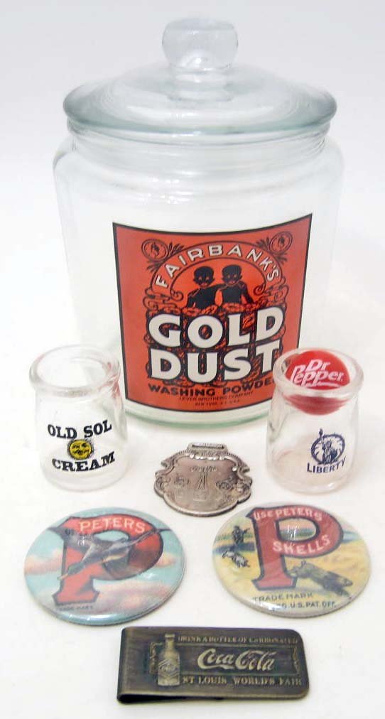 LOT OF MISC. ADVERTISING - GLASS JAR, COCA COLA & MORE: Dr. Pepper collectible marble (2) Peter's Shells hand/pocket mirrors, Coca Cola money clip, Coca Cola watch fob, 2 mini milk jars Liberty and Old Sol Cream, Fairbank's Gold Dust Washing Powder glass c