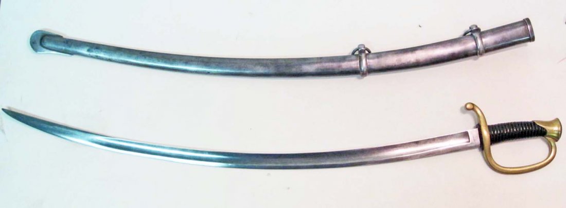 US CIVIL WAR UNION ARMY 1840 ARTILLERY EM SWORD W/: Approx. 39.5" long overall. Steel blade is maker marked Ames Mfg Co Chicopee Mass US ADK 1862. Blade is approx. 1 5/16" wide by 31 7/8" long. The steel scabbard is approx. 1 5/8" wide by 34 3/16" long