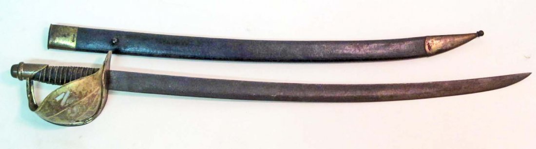 CONFEDERATE STATES NAVY CSN NAVAL OFFICERS CUTLASS: With Scabbard. Approx. 32 4/8" long overall. The steel blade is maker marked Ames Mfg Co Chicopee Mass on one side. it is dated 1862 and marked R on the other side. It is approx. 1 1/4" wide by 26" lo