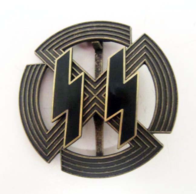 GERMAN NAZI BRONZE WAFFEN SS SWASTIKA SPORTS BADGE: Approx. 2" diameter. Reverse side is maker marked Richard Sieper & Sohne Ludenscheid RZM M1/25. Three piece bronze construction w/ a pair of black enameled runic lightning bolts in the center.