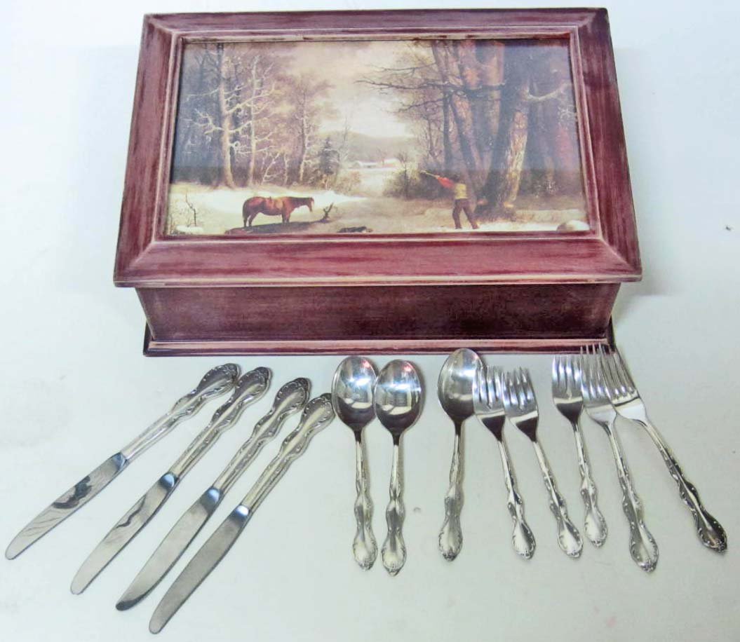 LOT OF 40 PIECES OF WM. ROGERS SILVERWARE IN LARGE BOX: All Silverware matches and is marked Wm. Rogers Mfg Co Extra Plate Original Rogers. Box is approx. 10" by 15" by 3"