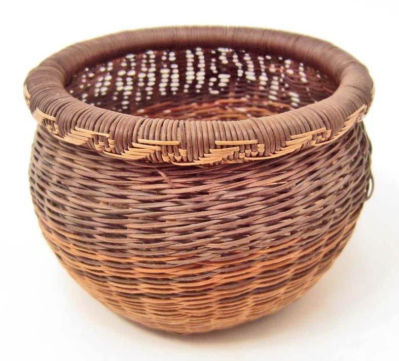 VINTAGE HAND WOVEN PINE NEEDLE BASKET: Geometric Design on edge of Rim. 3.5" diam., 2.5" tall