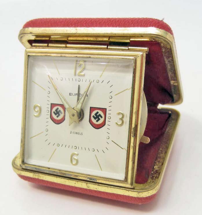 GERMAN NAZI 2 JEWELS TRAVEL ALARM CLOCK IN CASE: N/A