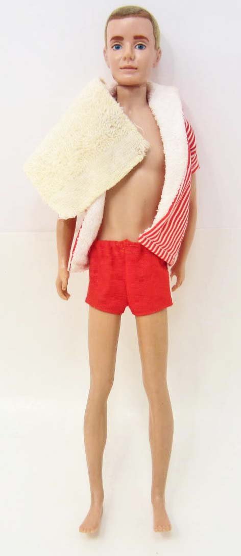 1961 FLOCKED HAIR KEN DOLL W/ ORIGINAL CLOTHES & TOWEL: N/A