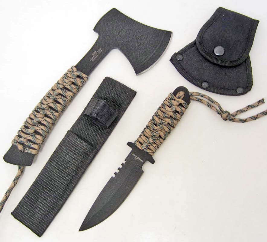 TIMBER WOLF KNIFE AND HATCHET SET: Hatchet is approx. 9.25" long and the Knife is approx. 7.75" long