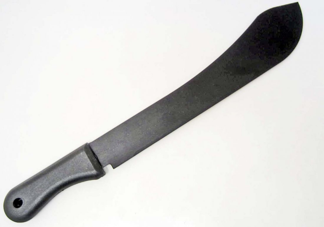 COLD STEEL BOLO MACHETE: Approx. 21 3/4" overall. 16" black coated 1055 carbon steel blade. Black handle with lanyard hole