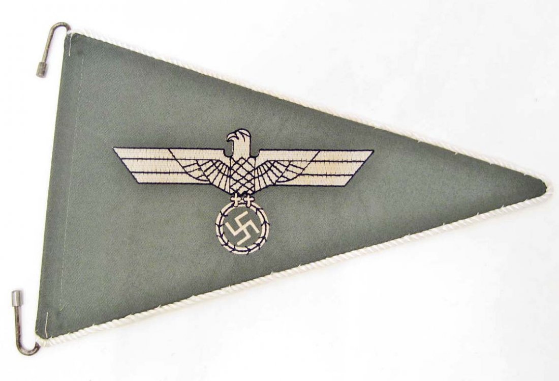 GERMAN NAZI ARMY OFFICERS STAFF CAR PENNANT: Measures 8 5/8" tall by 13" long. Double sided machine embroidered construction with a metal triangular frame. Has twisted white cotton piping around the edge