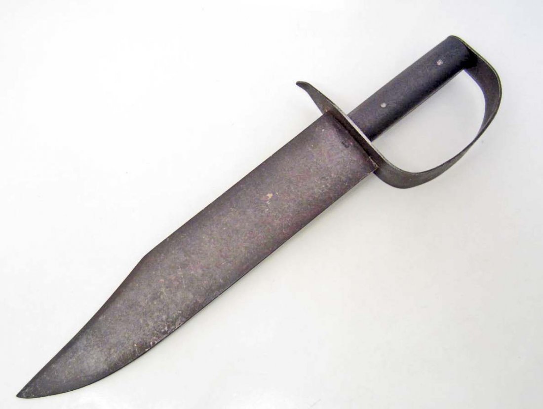 CONFEDERATE STATES CIVIL WAR ERA D GUARD BOWIE KNIFE: Measures 17 3/8" long overall. The iron bowie knife blade is marked CS 1861. It measures 2 7/16" wide by 12 5/8" long. Has a pair of oak wood handles that are riveted on. The D Guard is iron construct