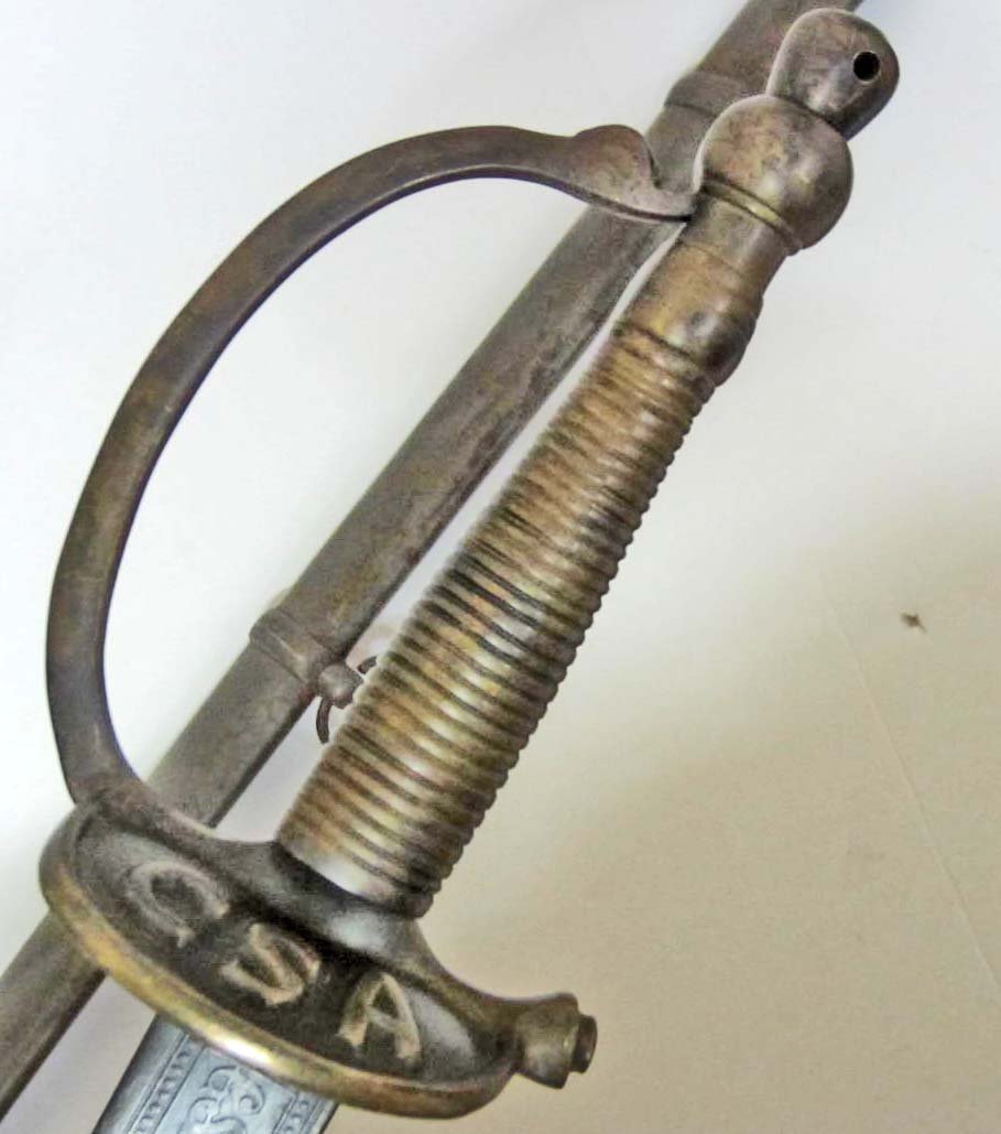 CONFEDERATE STATES CIVIL WAR ARMY OFFICERS SWORD W/: Measures 36 ¾" long overall. The double etched steel blade is maker marked Thomas Griswold Macon CSA 1861. It shows a military and floral design with CSA in the center. It measures 1 1/8" wide by 28 