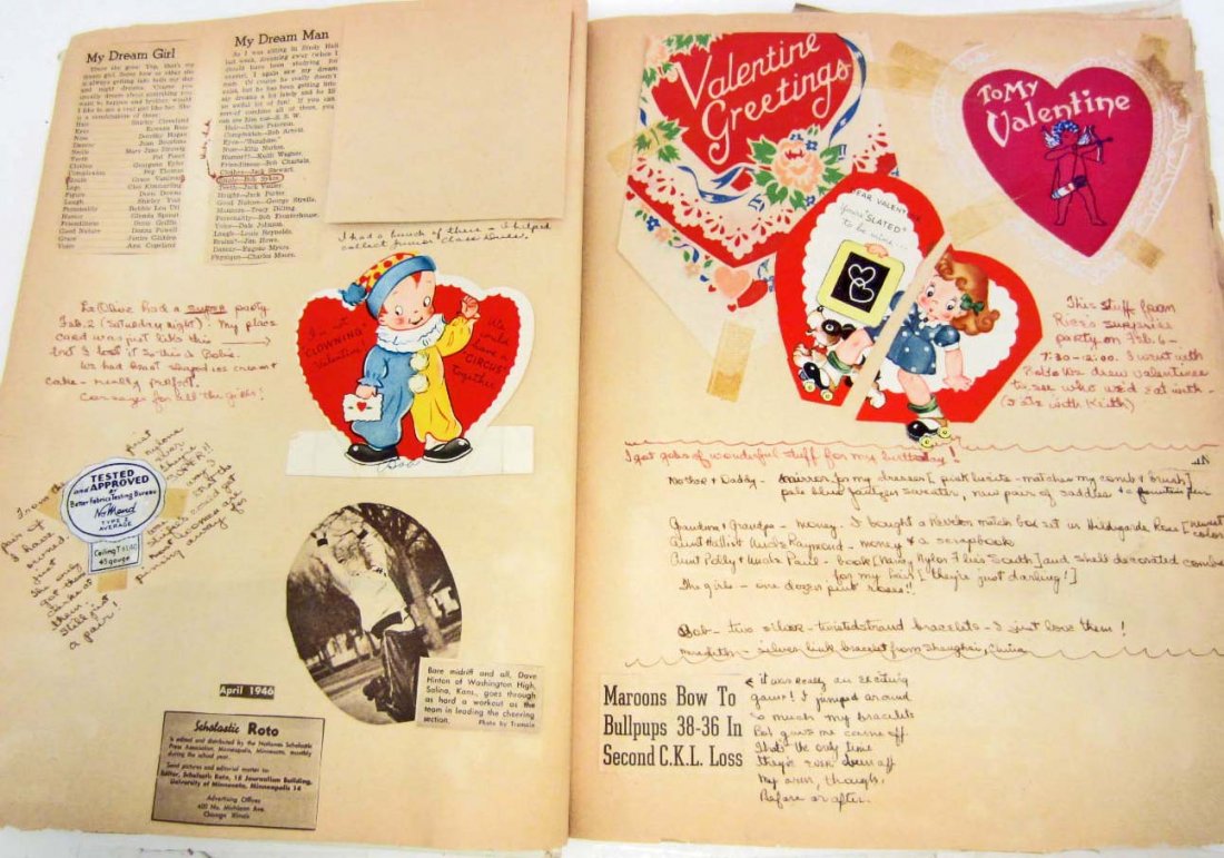 LARGE VINTAGE C. WW2 ERA SCRAPBOOK PHOTO ALBUM: Extremely detailed with notes. Belonged to Grace Vaniman. Includes Photos, Greeting Cards, Labels, Pinback, Napkins, Newspaper Articles, Invitations, Magazine Movie Ads, Balloon, Panoramic Stage Photo