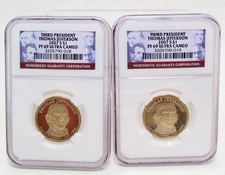 LOT OF 2 2007-S $1 THOMAS JEFFERSON DOLLARS: NGC PF 69 ULTRA CAMEO