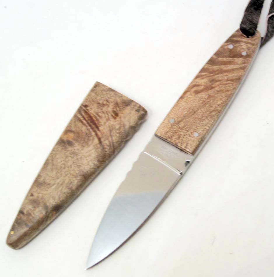 COLT FIXED BLADE HUNTER KNIFE W/ BURL WOOD HANDLE: Approx. 6 1/2" overall. 3 1/8" stainless blade. Full tang. Leather lanyard. Burl wood scabbard