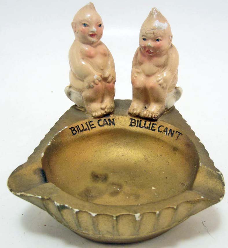 VINTAGE BILLIE CAN BILLIE CAN'T CHALKWARE ASHTRAY: Approx. 3.75" by 5" by 4". Cute Billiekins sitting on Chamber Pots.