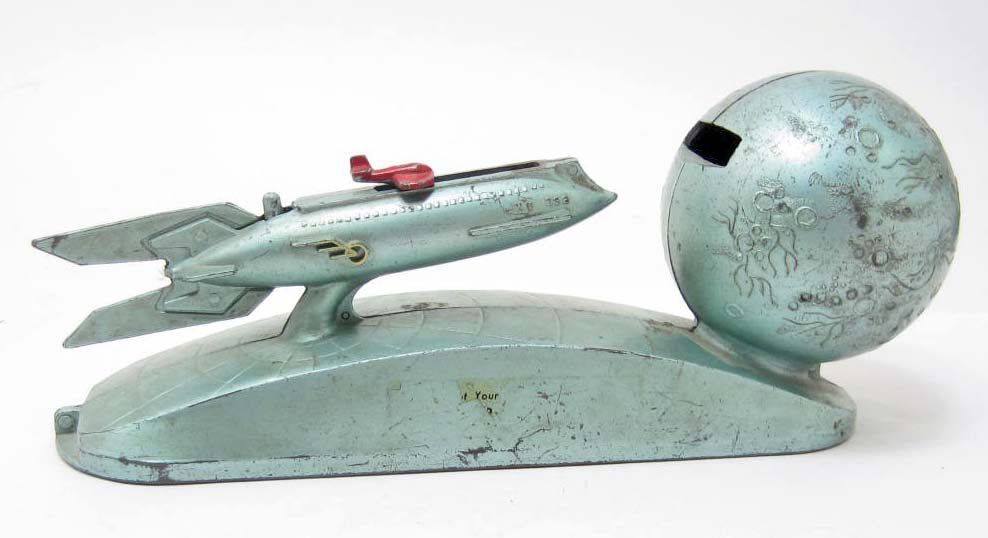VINTAGE C. 1960'S ROCKET TO MOON STRATO MECHANICAL BANK: Approx. 7" long