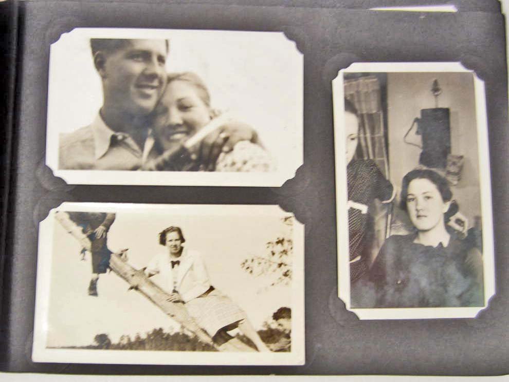 VINTAGE C. 1930'S PHOTO ALBUM W/ APPROX. 58 VINT.: Photos include Boating, Hiking, Man sitting in chair w/ Old Wall Phone behind him, Old Airplanes, Posing with the Paul Bunyan Statue, Posing w/ Logs, Much More!!