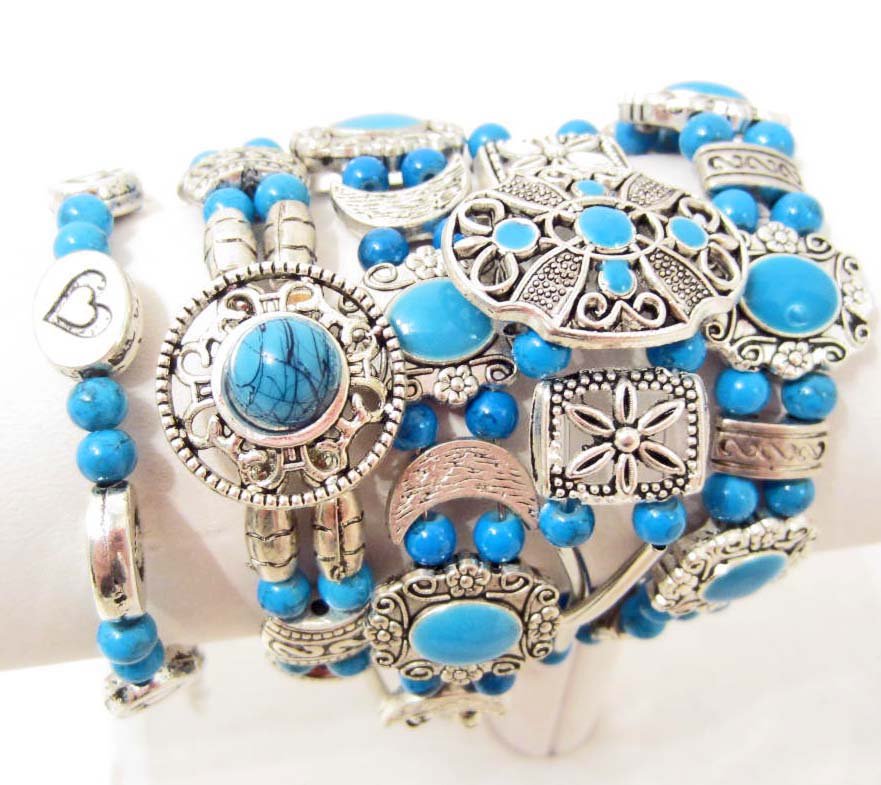LOT OF 5 BEADED TIBETAN SILVER BRACELETS: N/A