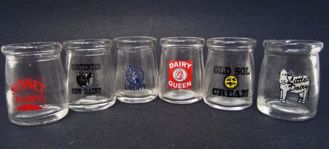 LOT OF 6 SMALL ADVERTISING MILK BOTTLES: approx : 2 inches each