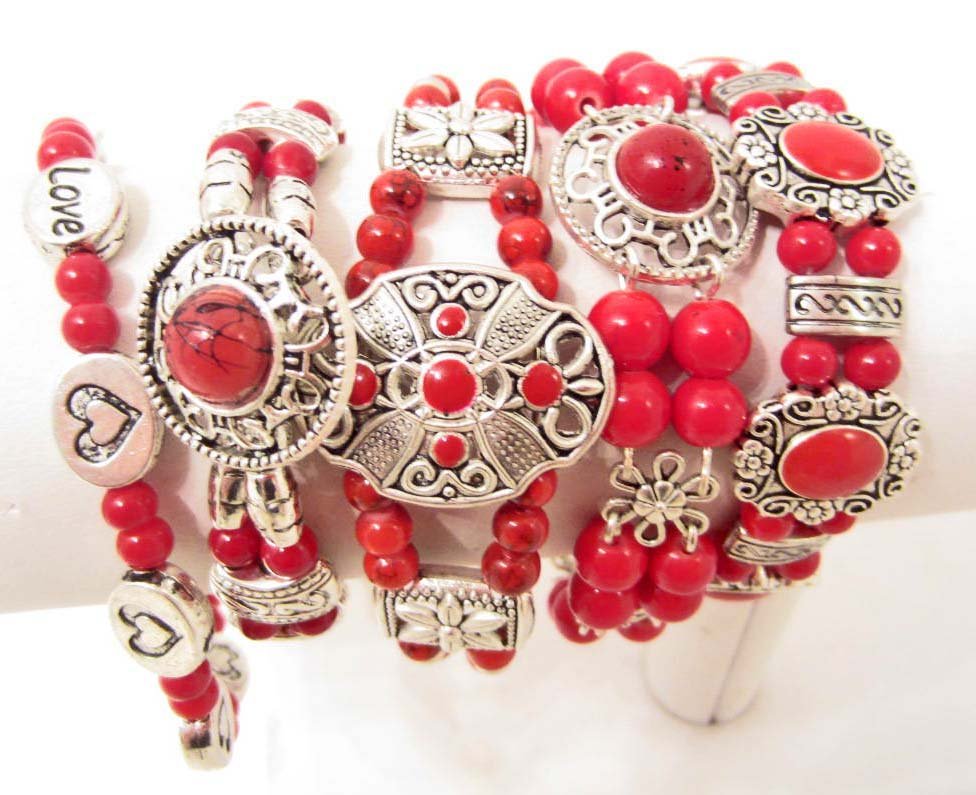 LOT OF 5 BEADED TIBETAN SILVER BRACELETS: N/A