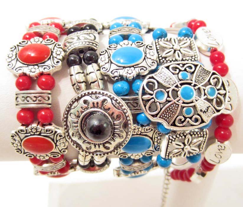 LOT OF 5 BEADED TIBETAN SILVER BRACELETS: N/A