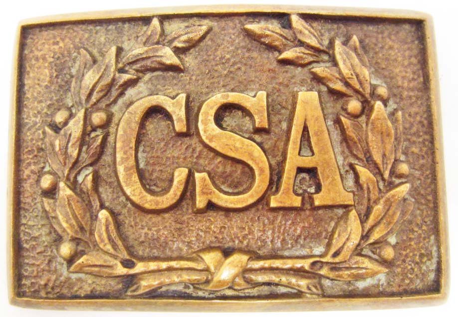CONFEDERATE STATES ARMY CSA CIVIL WAR OFFICERS BELT: Measures 2 7/8" wide by 2" tall. The front reads CSA and has a 3/4 oak leaf wreath around the letters. Has three prongs on the reverse side for securing to the leather belt. Solid brass construction