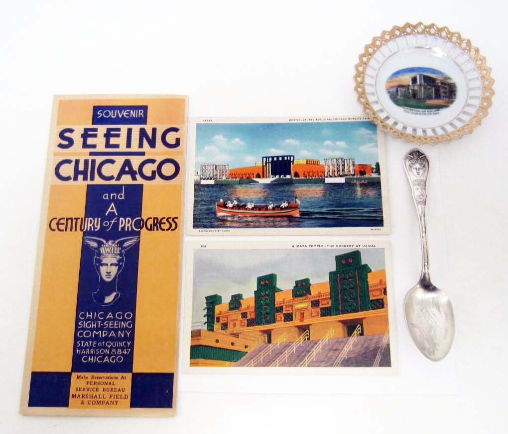 LOT OF 1933 CHICAGO WORLD'S FAIR SOUVENIR ITEMS: Map/Program, Postcards, Miniature Plate & Spoon.