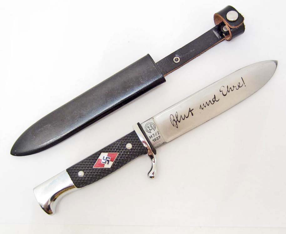 GERMAN NAZI HITLER YOUTH HJ UTILITY COMBAT KNIFE W/: Measures 10 1/8" long overall. The etched steel blade reads 'Blut und Ehre! (Blood and Honor!). It is maker marked 'RZM M7/2 1937'. It measures 1 1/8" wide by 5 7/16" long. The checkered handles are b