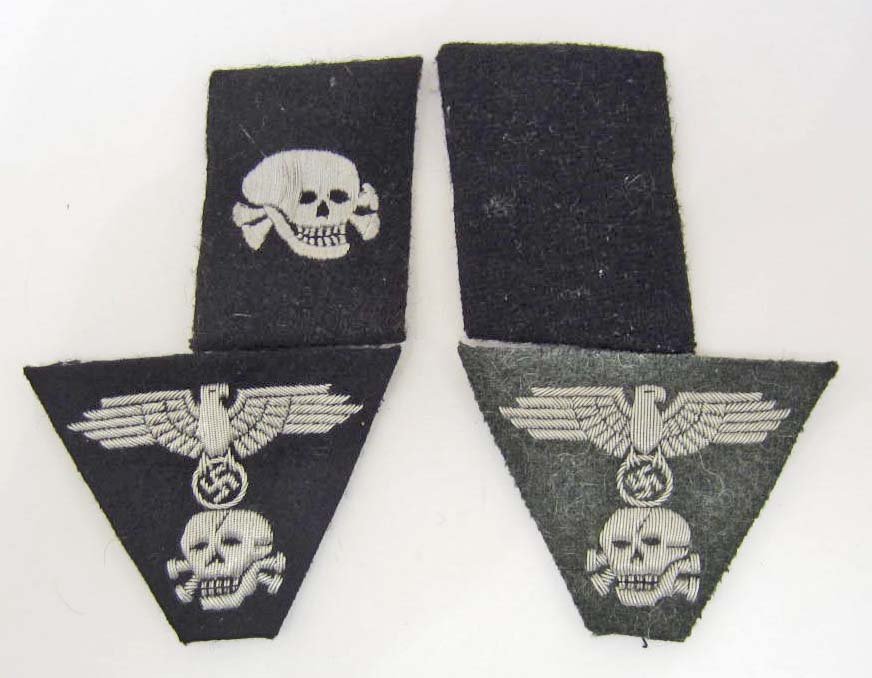 GERMAN NAZI WAFFEN SS M43 OFFICERS CAP INSIGNIA: Included is a Waffen SS Panzer M-43 Officers Cap Insignia. They measure 2 7/8" wide by 2 3/16" tall. Has the SS eagle above with the skull below. Both are silver bullion wire construction embroidered 