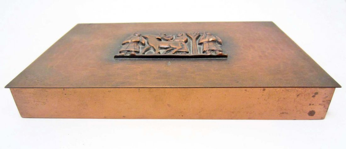 VINTAGE COPPER CIGARETTE OR PLAYING CARD BOX: Applied scene on lid. Inside of box is divided. Approx. 8.25" by 5.25" by 1.25".