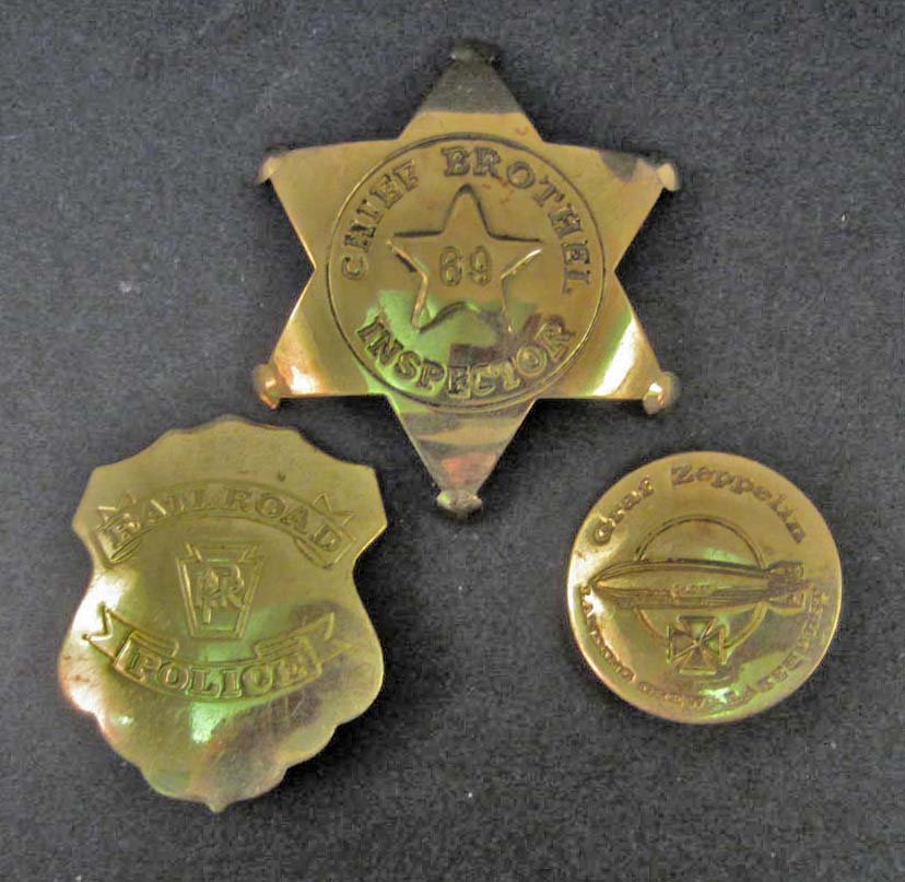 LOT OF 3 OLD WEST STYLE LAW BADGES: graf zeppelin, railroad, brothel inspector
