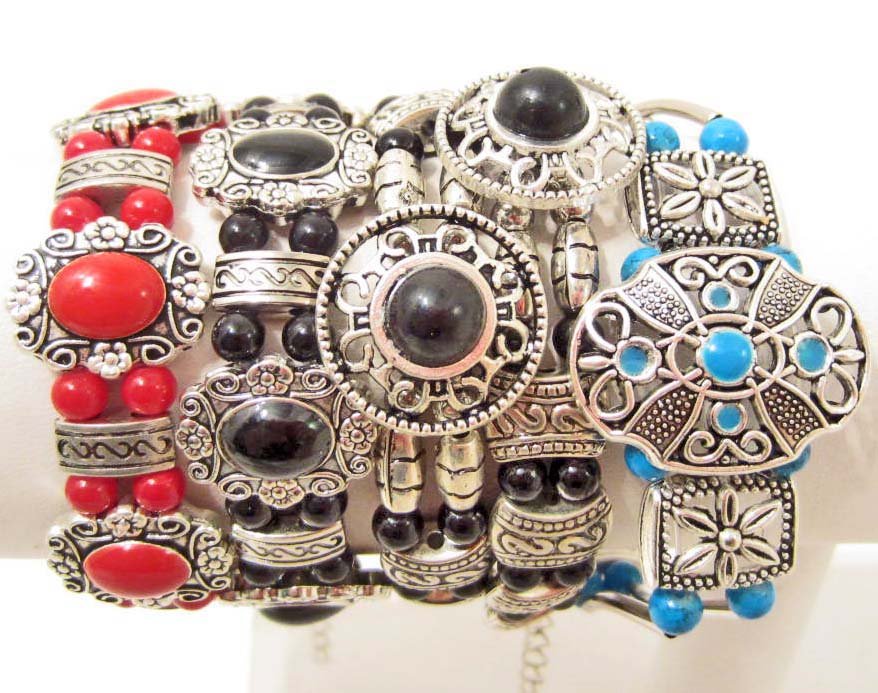 LOT OF 5 BEADED TIBETAN SILVER BRACELETS: N/A