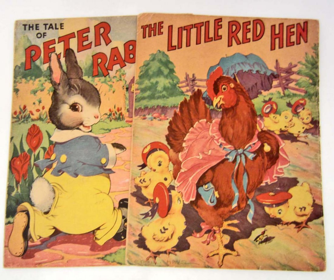 LOT OF 2 LARGE 1942 LINEN CHILDRENS BOOKS: "The Tale of Peter Rabbit" and "The Little Red Hen". Each approx. 9.75" by 13".