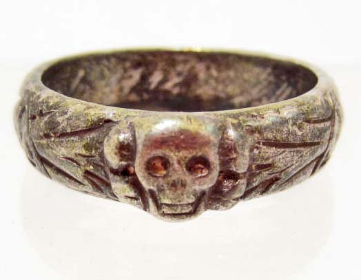 GERMAN NAZI WAFFEN SS TOTENKOPF OFFICERS HONOR RING: Measures 3/4" in diameter. The inside is engraved and reads S lb B Dolf 17.12.42 H. Himmler. Shows a human skull on the front with Germanic symbols around the outside edge