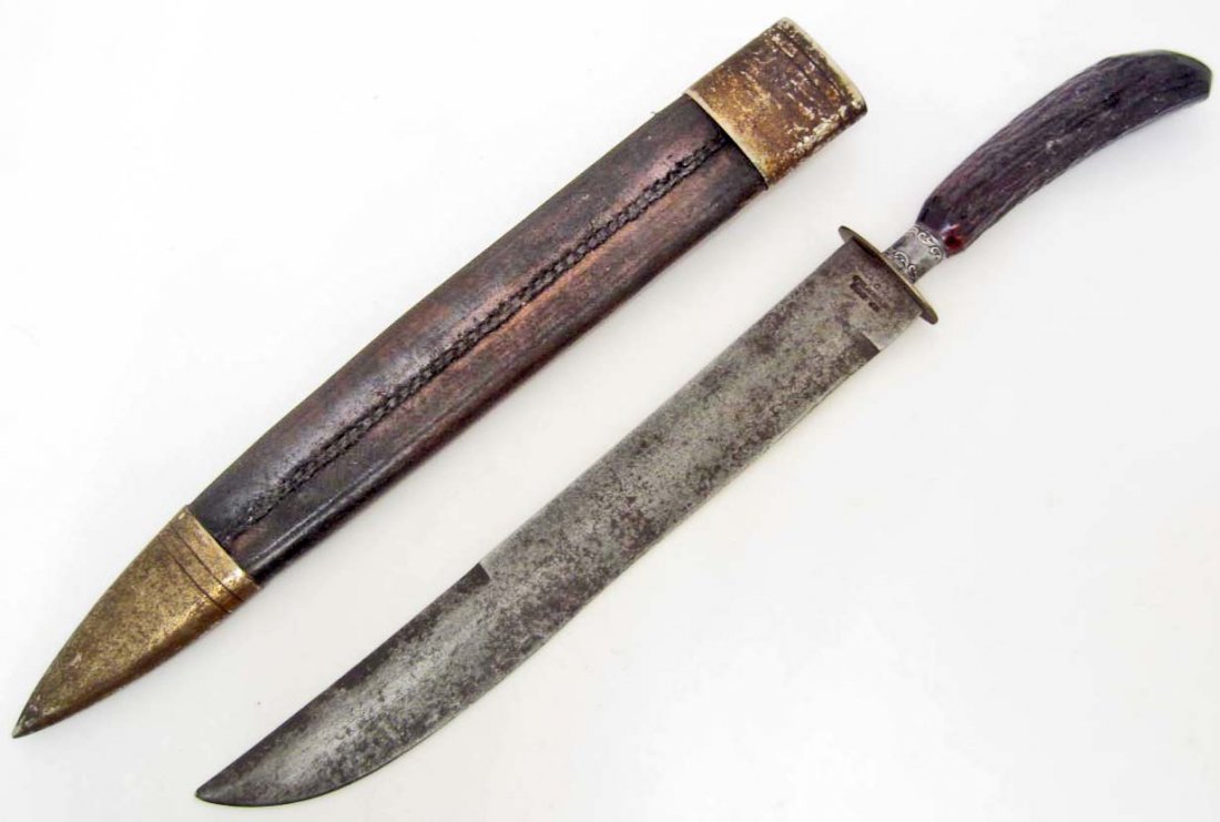 US PRE CIVIL WAR UNION ARMY COMBAT BOWIE KNIFE W/: Measures 18 7/8" long overall. The steel blade is marked N P Ames Springfield. It measures 1 3/8" wide by 10 9/16" long. Includes a brown leather scabbard with a metal throat and tip. Measures 1 7/8" 