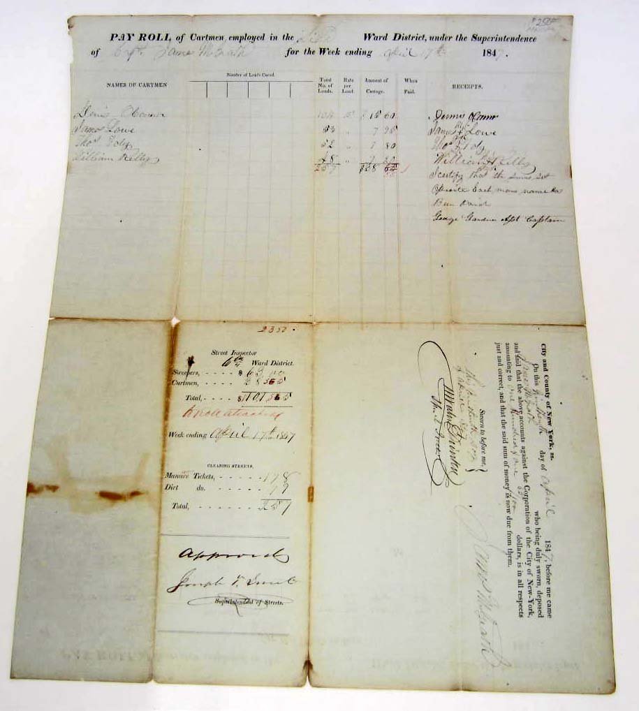 1847 MANURE SWEEPERS PAYROLL DOCUMENT - NEW YORK: Manure sweepers employed in the 6th Ward District under the superintendence of Captain James McGrath for the week ending April 17th. Very interesting to note that 27 of the 29 mens names on this docum