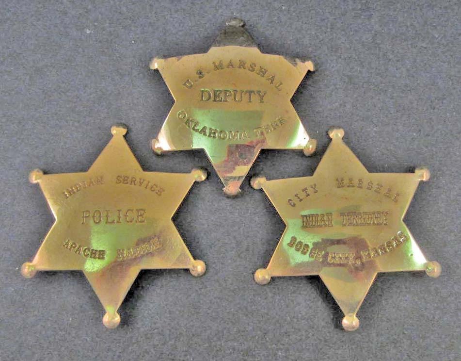 LOT OF 3 OLD WEST STYLE STAR BADGES: indian police, indian territory marshal, oklahoma marshal