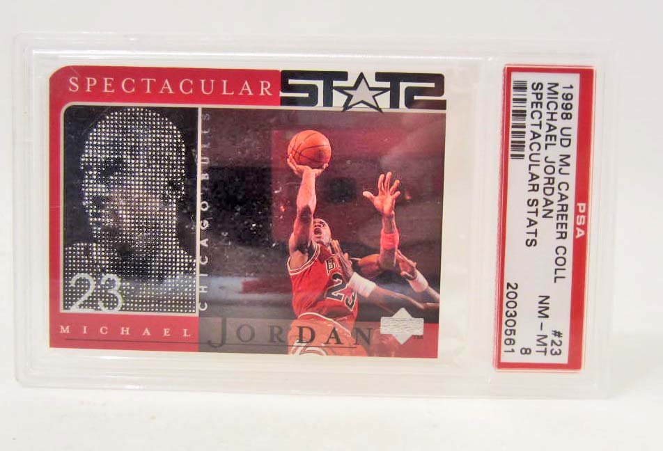1998 UD NO. 23 MICHAEL JORDAN BASKETBALL CARD - PSA: Upper Deck MJ Career Coll Michael Jordan Spectacular Stats - PSA NM-MT 8