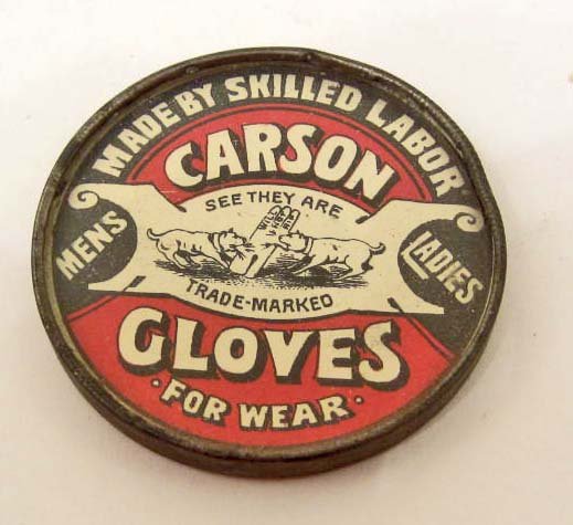 ANTIQUE CARSON GLOVES ADVERTISING POCKET MIRROR: Approx. 1.75" diameter