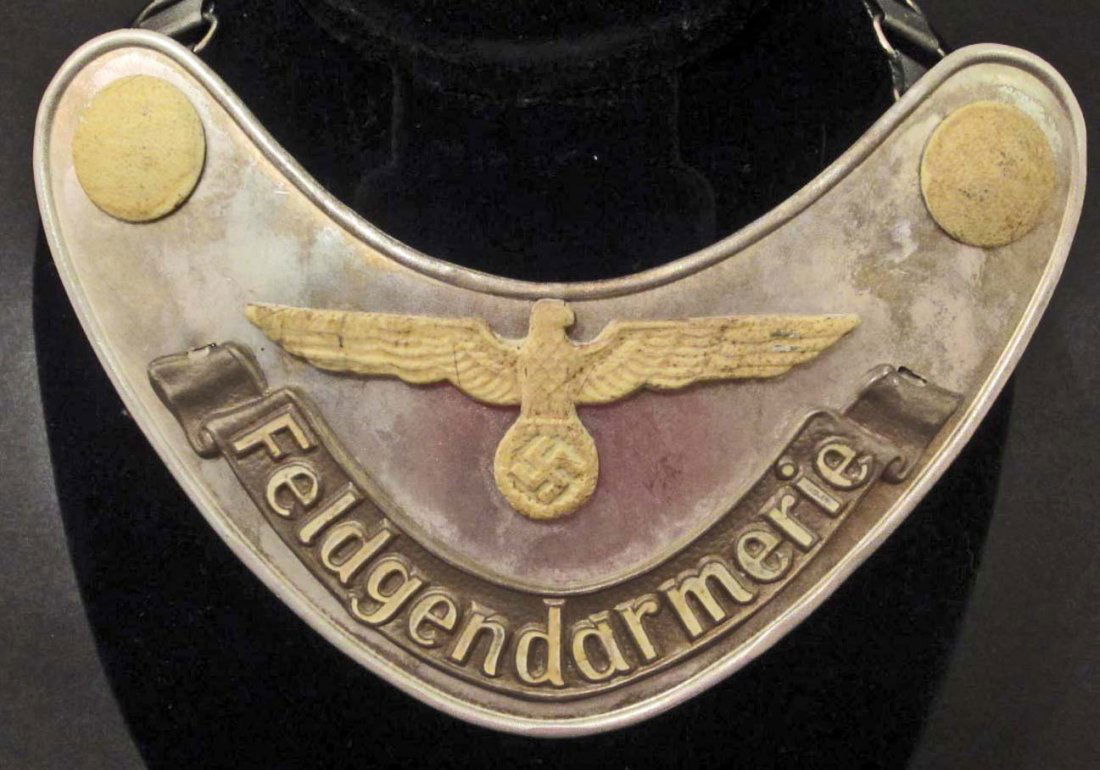GERMAN NAZI FELDGENDARMERIE GORGET W/ CHAIN: Green wool backing. Marked R.Z.M. M34/2