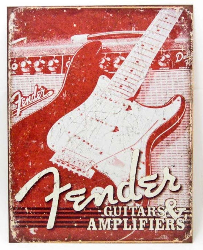 FENDER GUITARS METAL ADVERTISING SIGN: approx : 16 x 12.5 inches